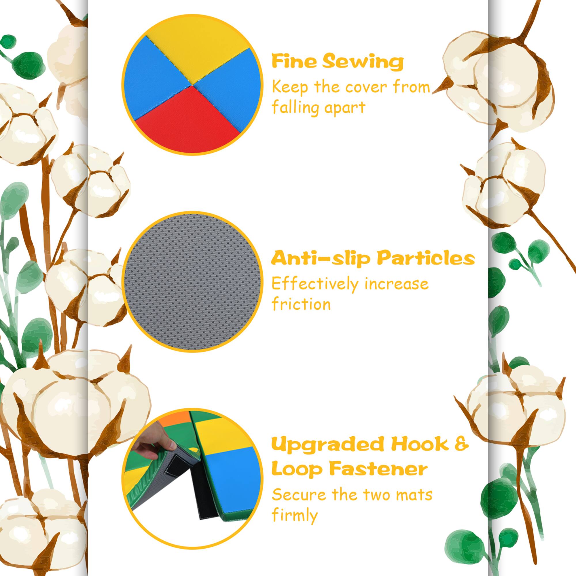 Fine Sewing: Keep the cover from falling apart.
Anti-slip Particles: Effectively increase friction.
Upgraded Hook & Loop Fastener: Secure the two mats firmly.