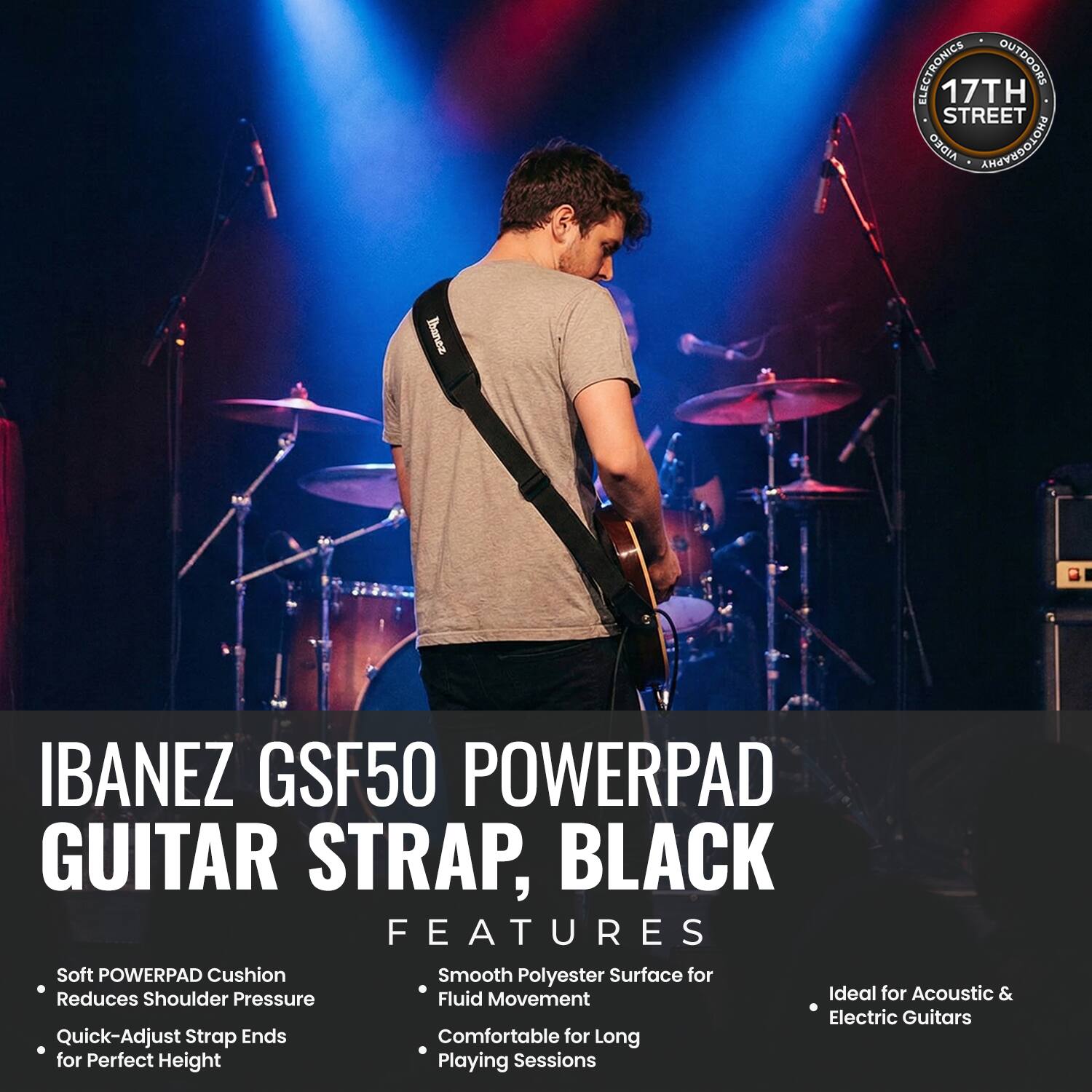 ELECTRONICS OUTDOORS 17TH STREET AIDEO ARAYEDOLOHA Ibanez GSF50 POWERPAD GUITAR STRAP, BLACK FEATURES Soft POWERPAD Cushion Smooth Polyester Surface for Reduces Shoulder Pressure Fluid Movement Ideal for Acoustic & Electric Guitars Quick-Adjust Strap Ends Comfortable for Long Playing Sessions