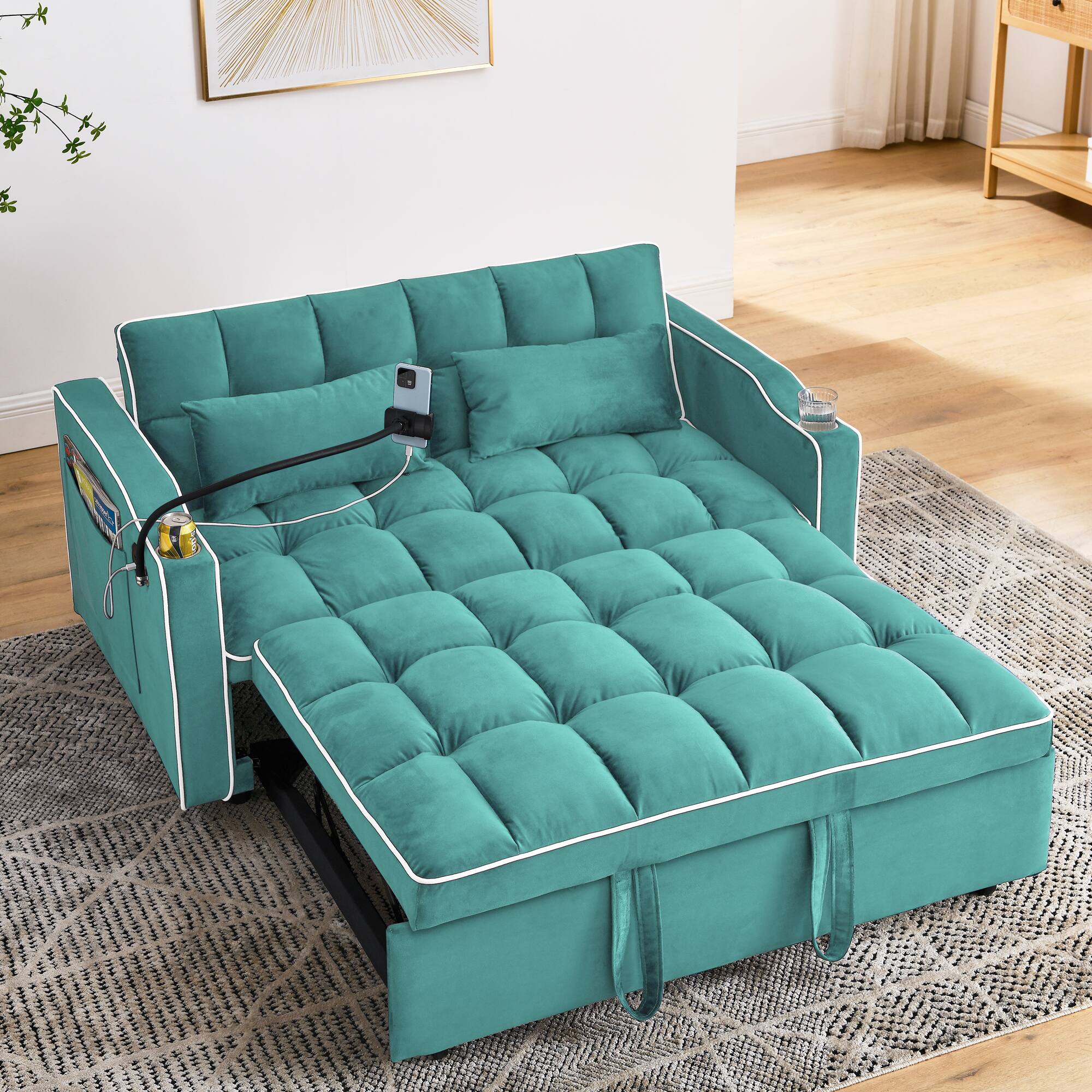 Alt View 1. Tiramisubest - Modern Velvet Versatile Foldable Sofa Bed in 3 Lengths,Adjustable Back w/ USB Port,Ashtray & Swivel Phone Stand (Green) - Antique blue green.