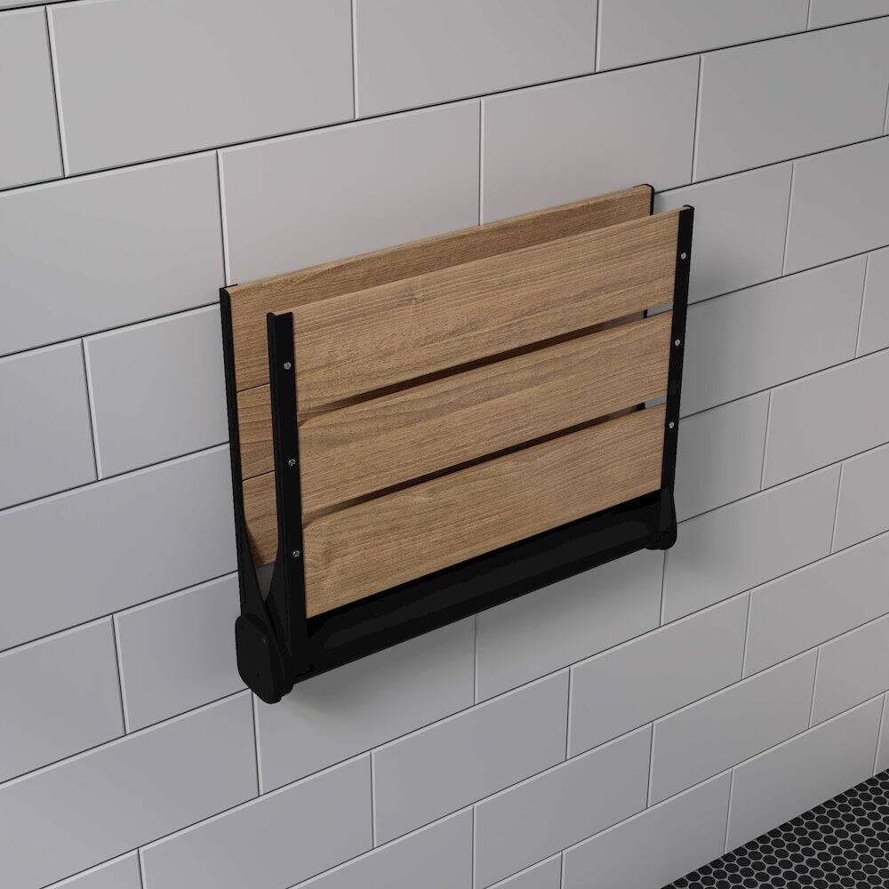 Left. Alfi - Black Matte 17" Wide Foldable Teak Shower Seat with Backrest - Brown.