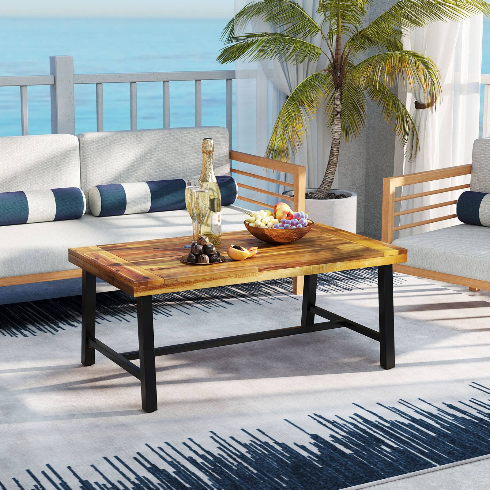 Alt View 4. Gymax - Gymax Acacia Wood Coffee Table Indoor Outdoor Rectangle Center Table w/ Thickened Top - Natural, Black.
