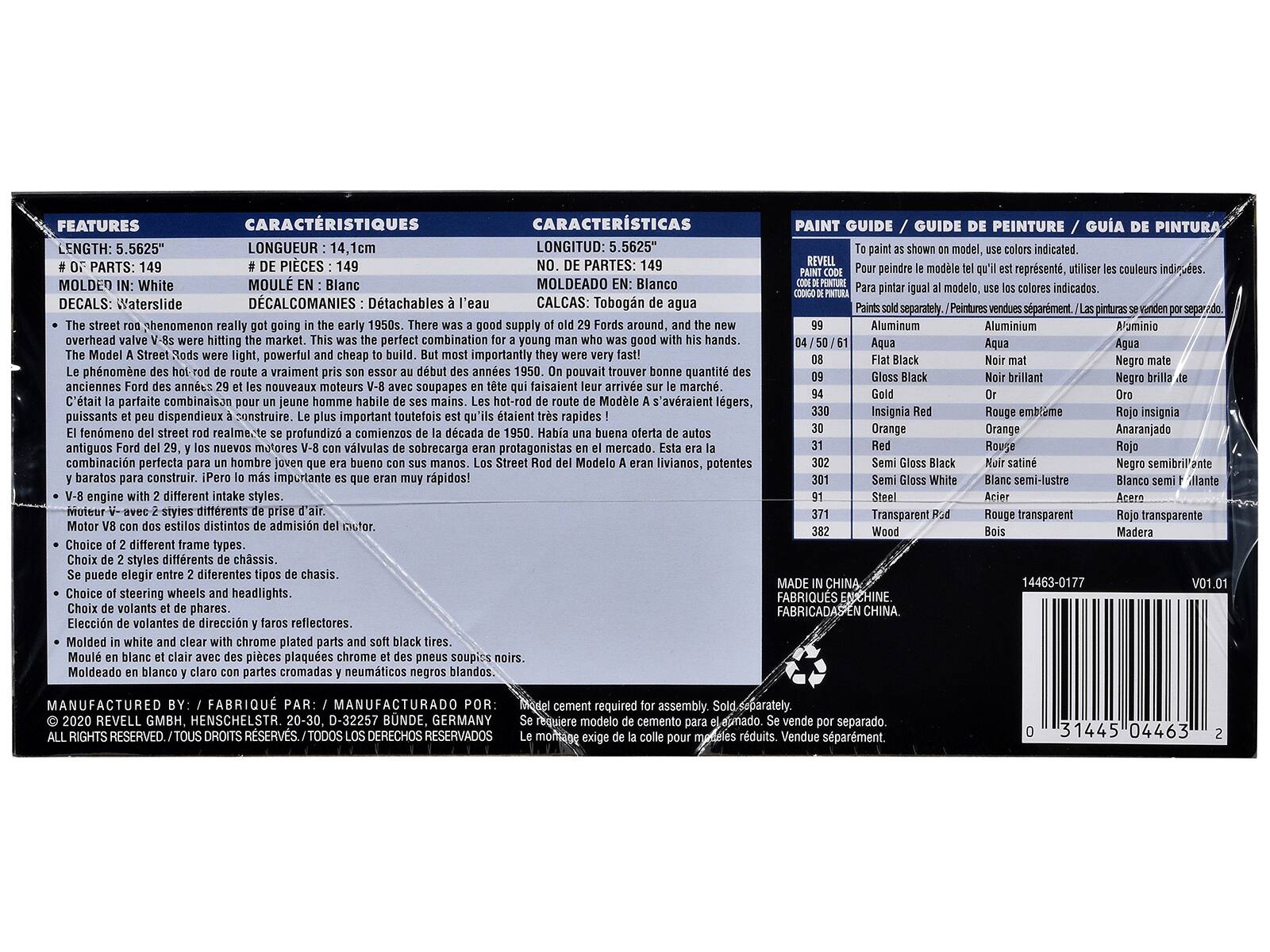 **FEATURES / CARACTERÍSTICAS / CARACTERÍSTICAS**

- **LENGTH:** 5.5625" / **LONGUEUR:** 14,1cm / **LONGITUD:** 5.5625"
- **# OF PARTS:** 149 / **# DE PIECES:** 149 / **NO. DE PARTES:** 149
- **MOLDED IN:** White / **MOULÉ EN:** Blanc / **MOLDEADO EN:** Blanco
- **DECALS:** Waterslide / **DECALCOMANIES:** Détachables / **CALCAS:** Tobogán de agua

**The street rod phenomenon really got going in the early 1950s. There was a good supply of old 29 Fords around, and the new overhead valve V-8s were hitting the market. This was the perfect combination for a young man who was good with his hands. The Model A Street Rods were light, powerful and cheap to build. But most importantly they were very fast!**  
**Le phénomène des hot-rod de route de vraiment pris son essor au début des années 