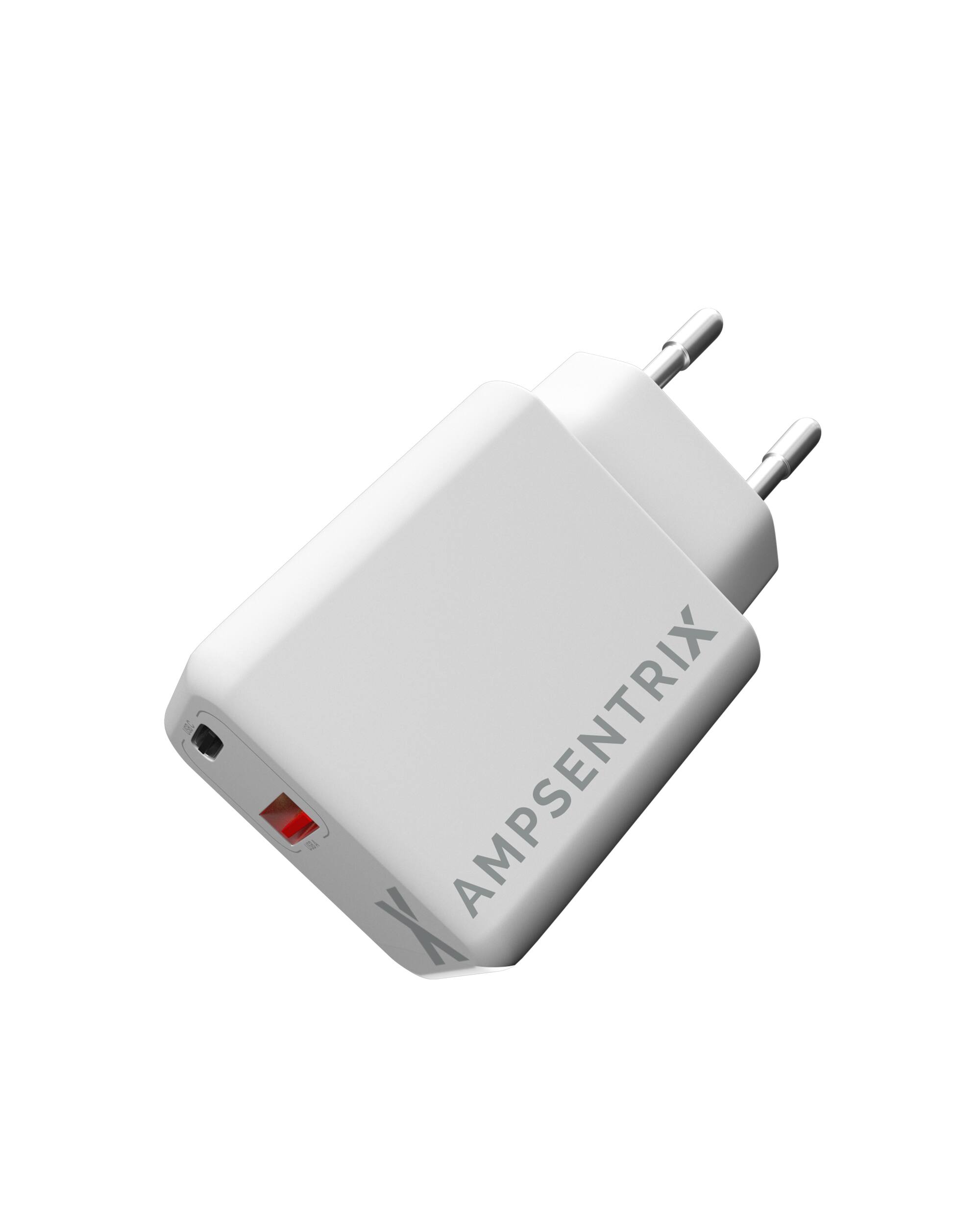 Alt View 5. Ampsentrix - 2 Plug 20W USB Type C And USB Type A Wall Power Adapter (220V Euro).