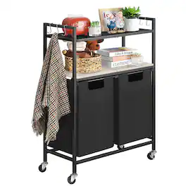 Oumilen - 2-Section Rolling Laundry Hamper Cart – Metal Sorter with 2-Tier Shelves & Removable Bags - Black