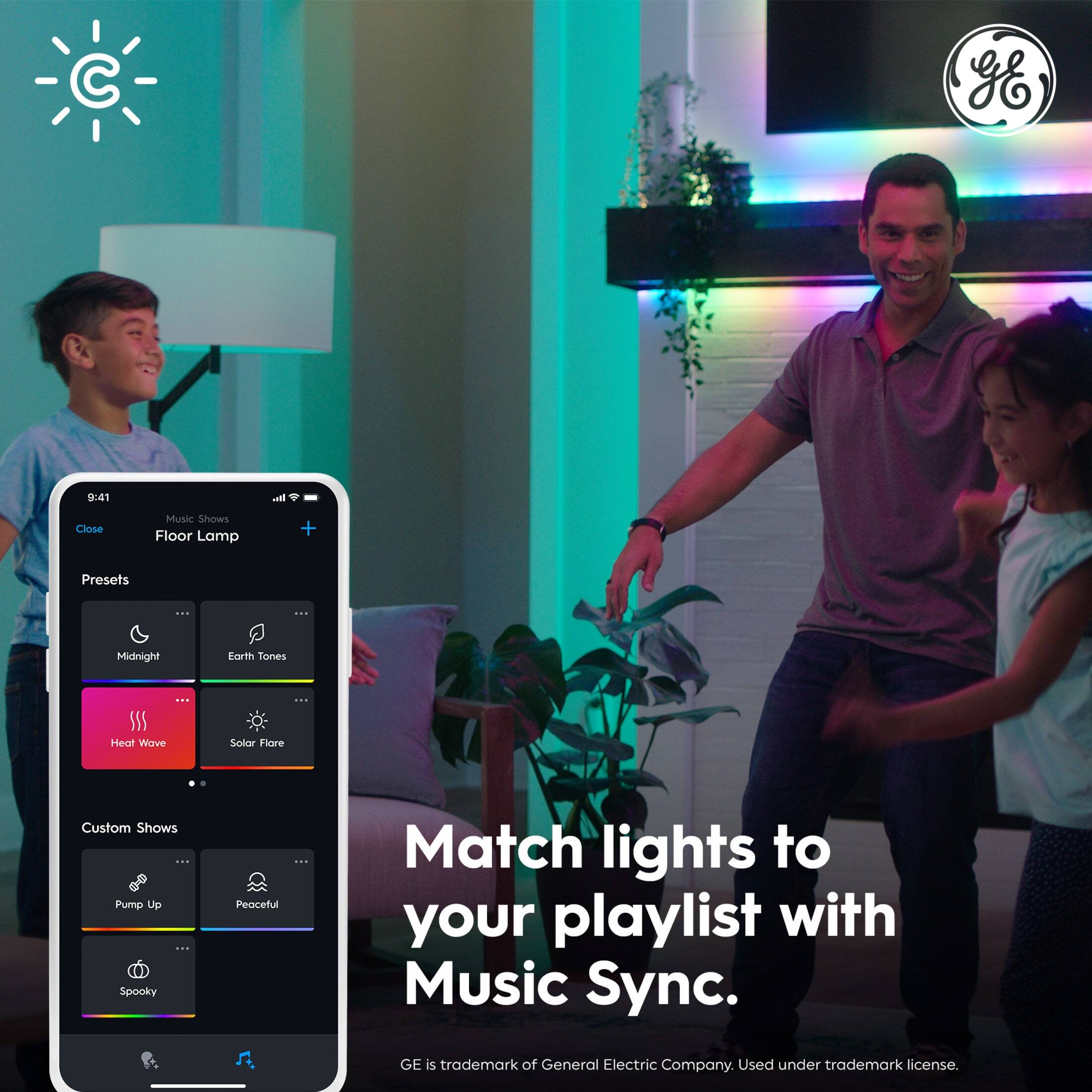 The text on the image reads: "Match lights to your playlist with Music Sync. C gE 9:41 & Close Floor Lamp + Presets I ... Midnight Earth Tones : Heat Wave Solar Flare Custom Shows ... Pump Up I Spooky Peaceful Match lights to your playlist with Music Sync. GE is trademark of General Electric Company. Used under trademark license."