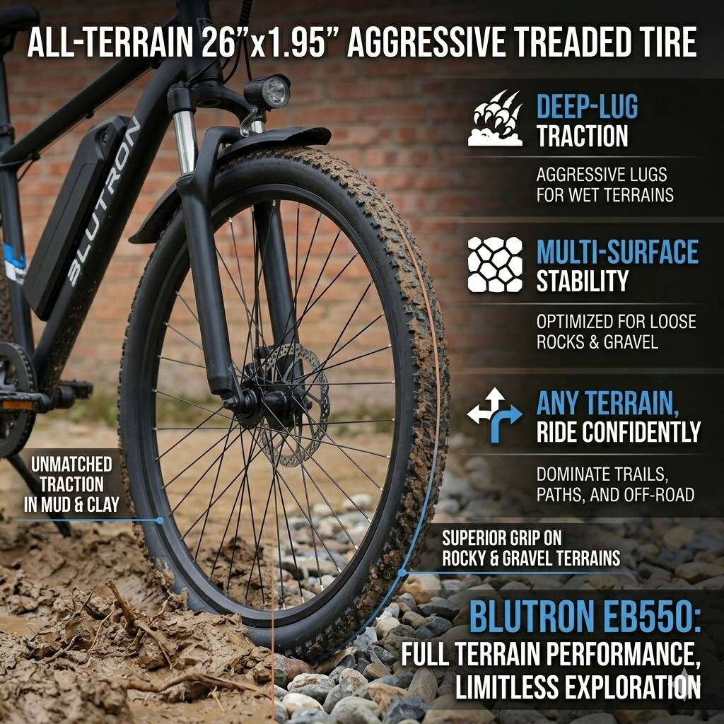 ALL-TERRAIN 26"x1.95" AGGRESSIVE TREADED TIRE

DEEP-LUG TRACTION
- AGGRESSIVE LUGS FOR WET TERRAINS

MULTI-SURFACE STABILITY
- OPTIMIZED FOR LOOSE ROCKS & GRAVEL

ANY TERRAIN, RIDE CONFIDENTLY
- DOMINATE TRAILS, PATHS, AND OFF-ROAD
- SUPERIOR GRIP ON ROCKY & GRAVEL TERRAINS

UNMATCHED TRACTION IN MUD & CLAY

BLUTRON EB550: FULL TERRAIN PERFORMANCE, LIMITLESS EXPLORATION