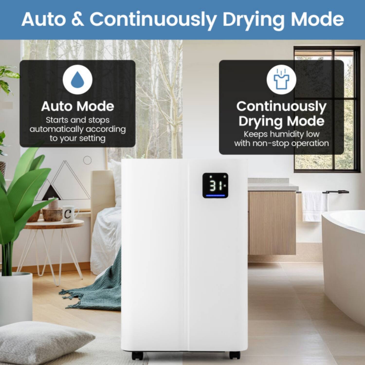 Auto & Continuously Drying Mode

Auto Mode
Starts and stops automatically according to your setting

Continuously Drying Mode
Keeps humidity low with non-stop operation