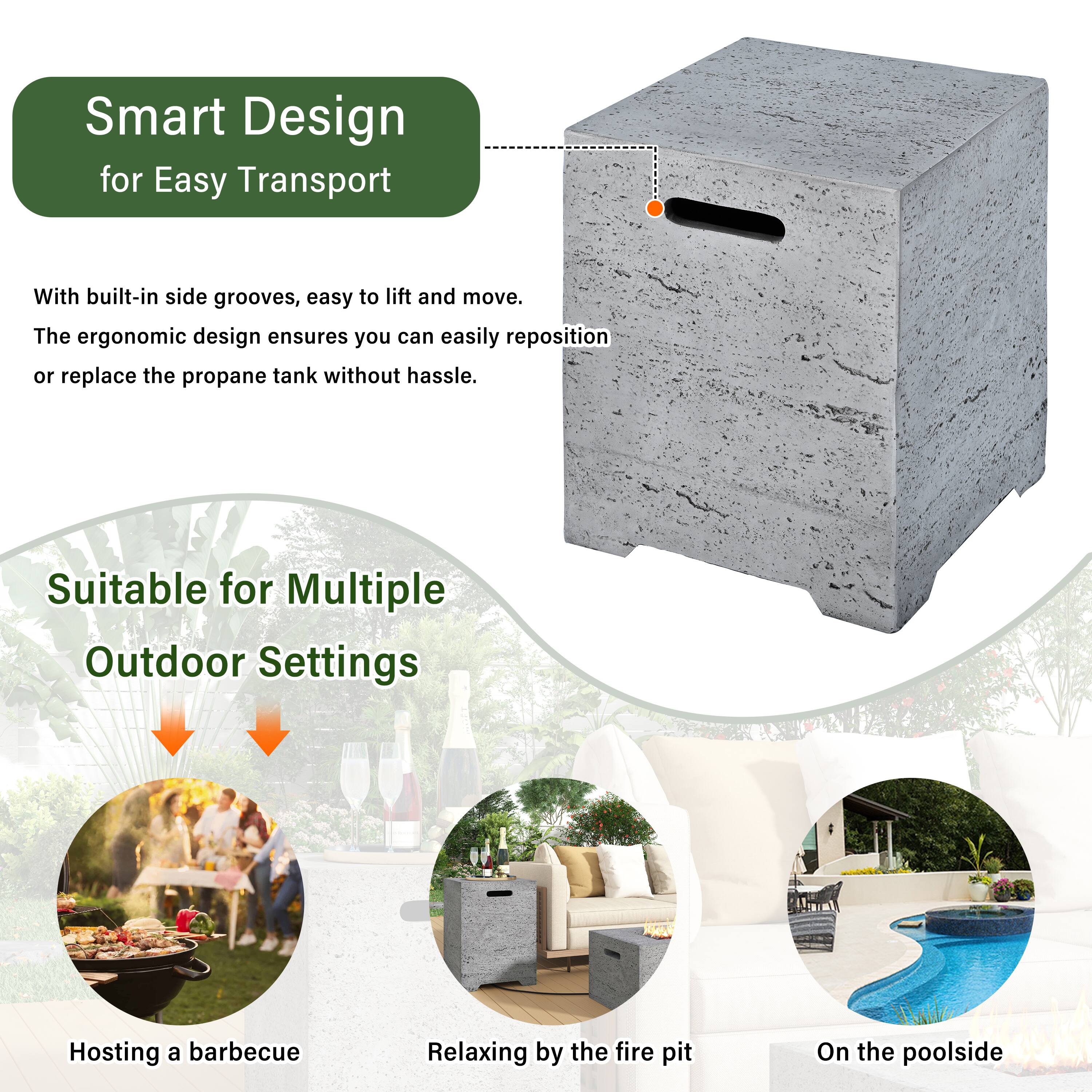 Smart Design for Easy Transport

With built-in side grooves, easy to lift and move. The ergonomic design ensures you can easily reposition or replace the propane tank without hassle.

Suitable for Multiple Outdoor Settings

Hosting a barbecue  
Relaxing by the fire pit  
On the poolside