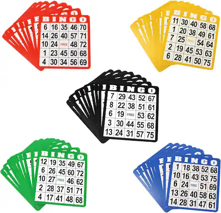 Red Bingo Card: 6 16 35 46 70 14 26 40 57 71 10 24 FREE 48 72 1 23 45 50 68 4 30 34 56 69
Yellow Bingo Card: 11 30 40 58 68 1 20 38 49 61 7 25 FREE 54 64 2 19 45 6 53 63 28 41 50 75
Black Bingo Card: 7 29 43 52 67 8 22 38 51 61 6 19 FREE 53 62 3 30 44 55 68 13 24 31 57 75
Green Bingo Card: 12 19 35 49 67 6 26 45 60 72 10 27 FREE 46 62 2 28 37 51 71 4 17 41 48 68
Blue Bingo Card: 1 18 38 52 68 10 16 43 53 75 6 24 FREE 51 69 13 26 40 58 63 14 28 31 47 61
