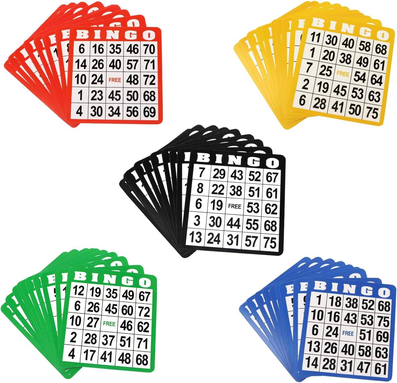 Red Bingo Card: 6 16 35 46 70 14 26 40 57 71 10 24 FREE 48 72 1 23 45 50 68 4 30 34 56 69

Yellow Bingo Card: 11 30 40 58 68 1 20 38 49 61 7 25 FREE 54 64 2 19 45 6 53 63 28 41 50 75

Black Bingo Card: 7 29 43 52 67 8 22 38 51 61 6 19 FREE 53 62 3 30 44 55 68 13 24 31 57 75

Green Bingo Card: 12 19 35 49 67 6 26 45 60 72 10 27 FREE 46 62 2 28 37 51 71 4 17 41 48 68

Blue Bingo Card: 1 18 38 52 68 10 16 43 53 75 6 24 FREE 51 69 13 26 40 58 63 14 28 31 47 61