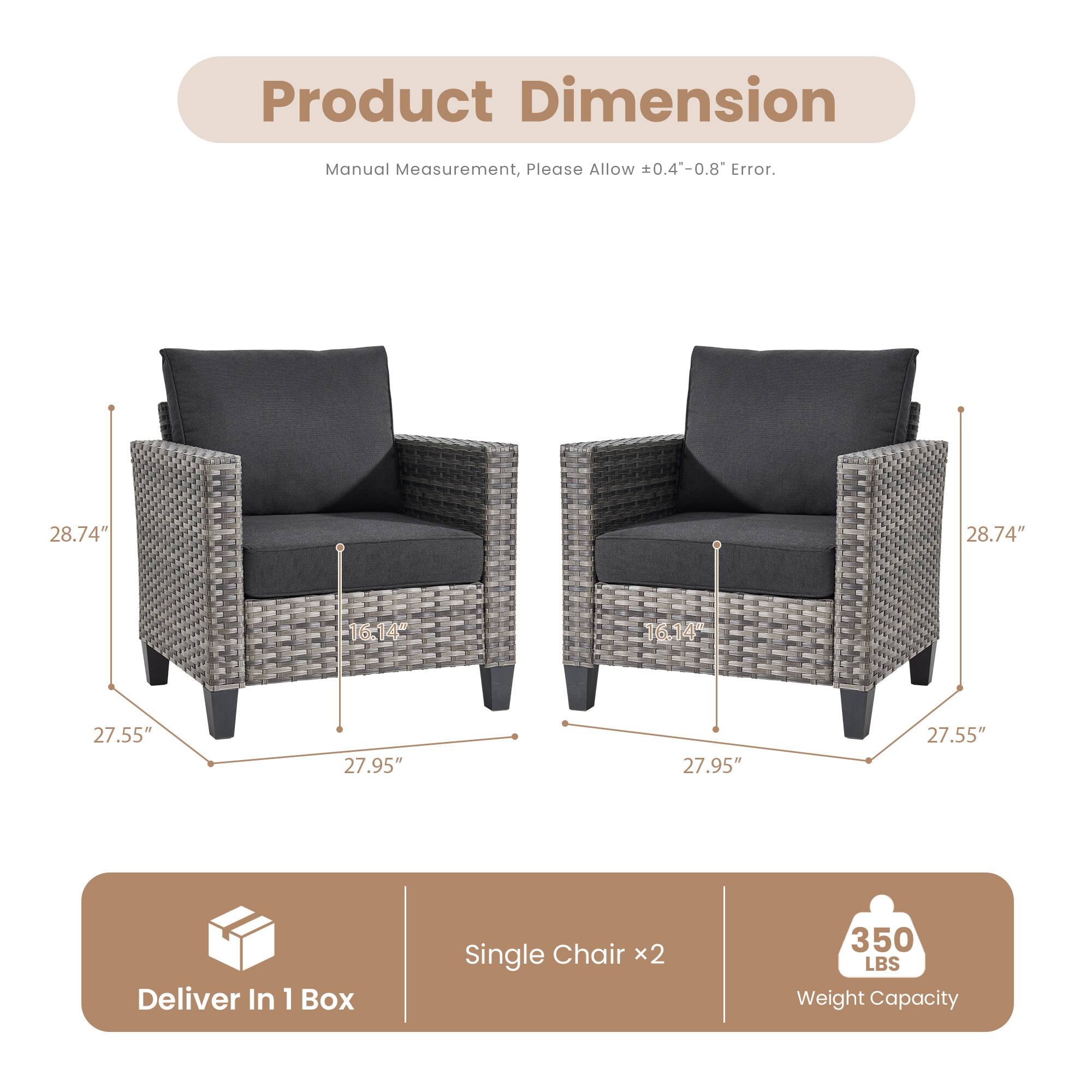Product Dimension  
Manual Measurement, Please Allow ±0.4"-0.8" Error.

28.74"  
27.55"  
27.95"  
16.14"  

Deliver In 1 Box  
Single Chair x2  
350 LBS Weight Capacity