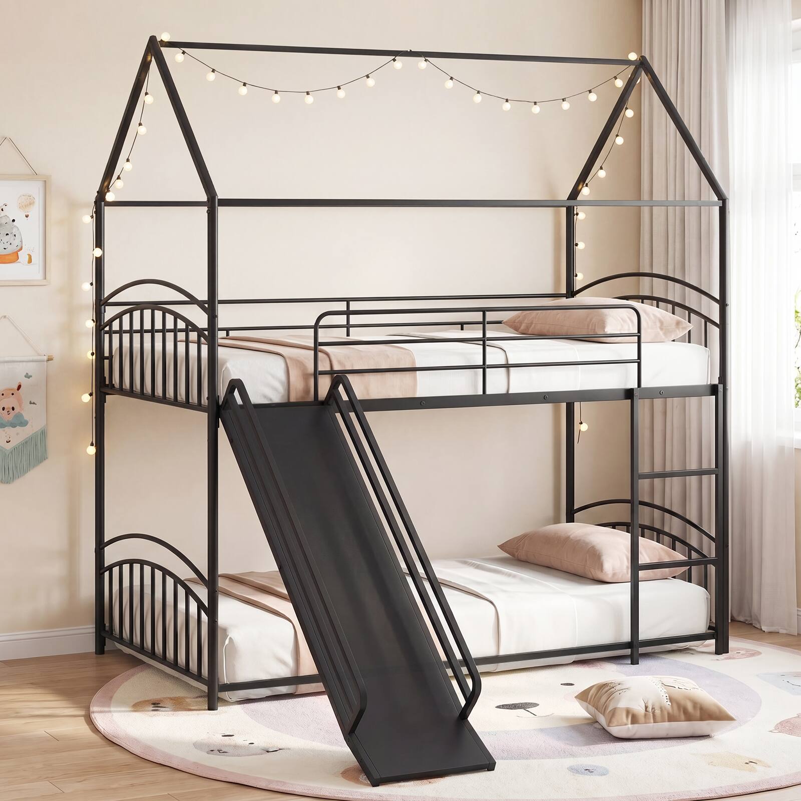 Alt View 8. Gymax - Gymax House Bunk Bed Frame w/ Metal Slats Reversible Ladder & Slide for Bedroom Black - Black.
