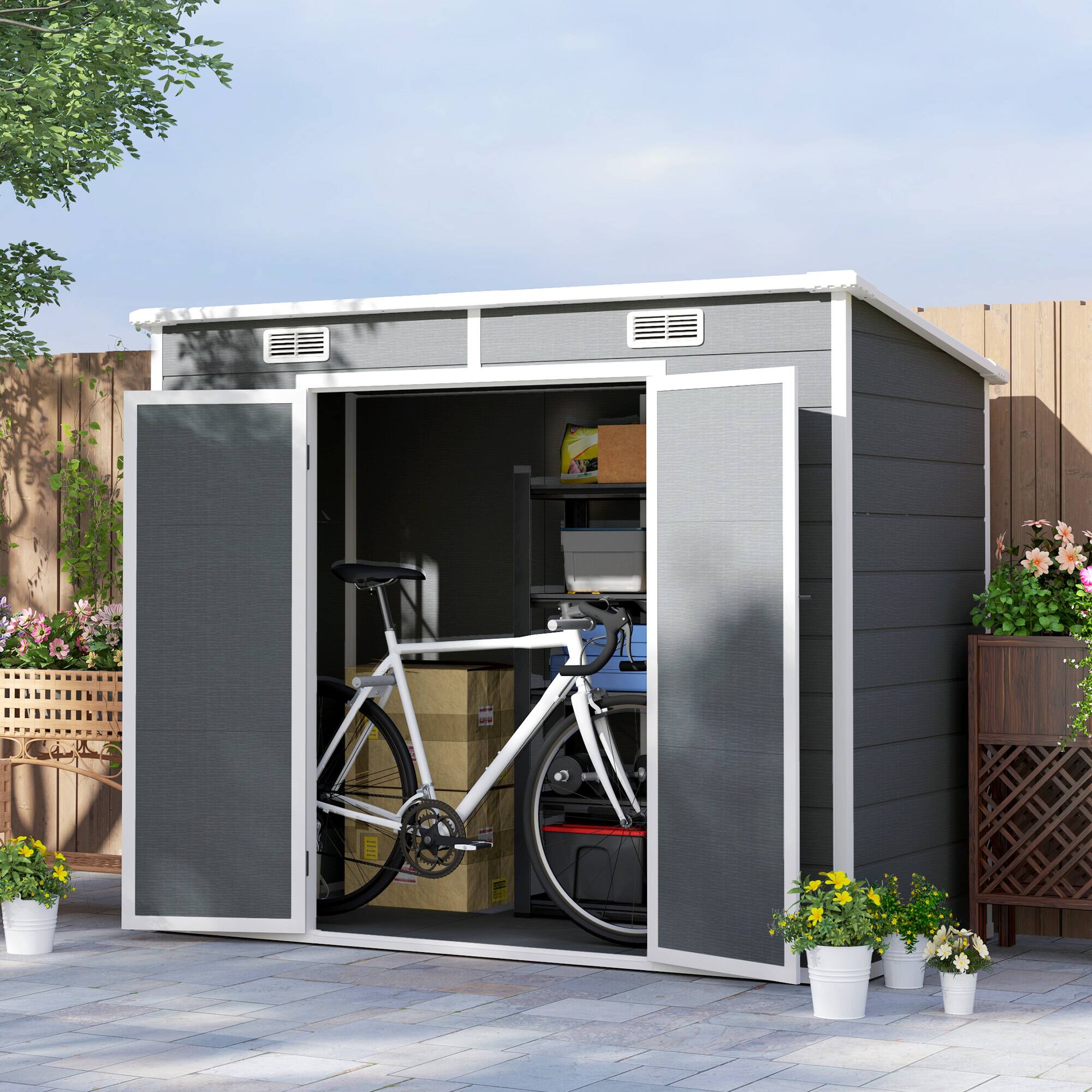 Alt View 1. Outsunny - 8' x 4' Outdoor Storage Shed, Resin Plastic Shed with Floor, Window, Lockable Doors and Vents, All-Weather Tool Shed.