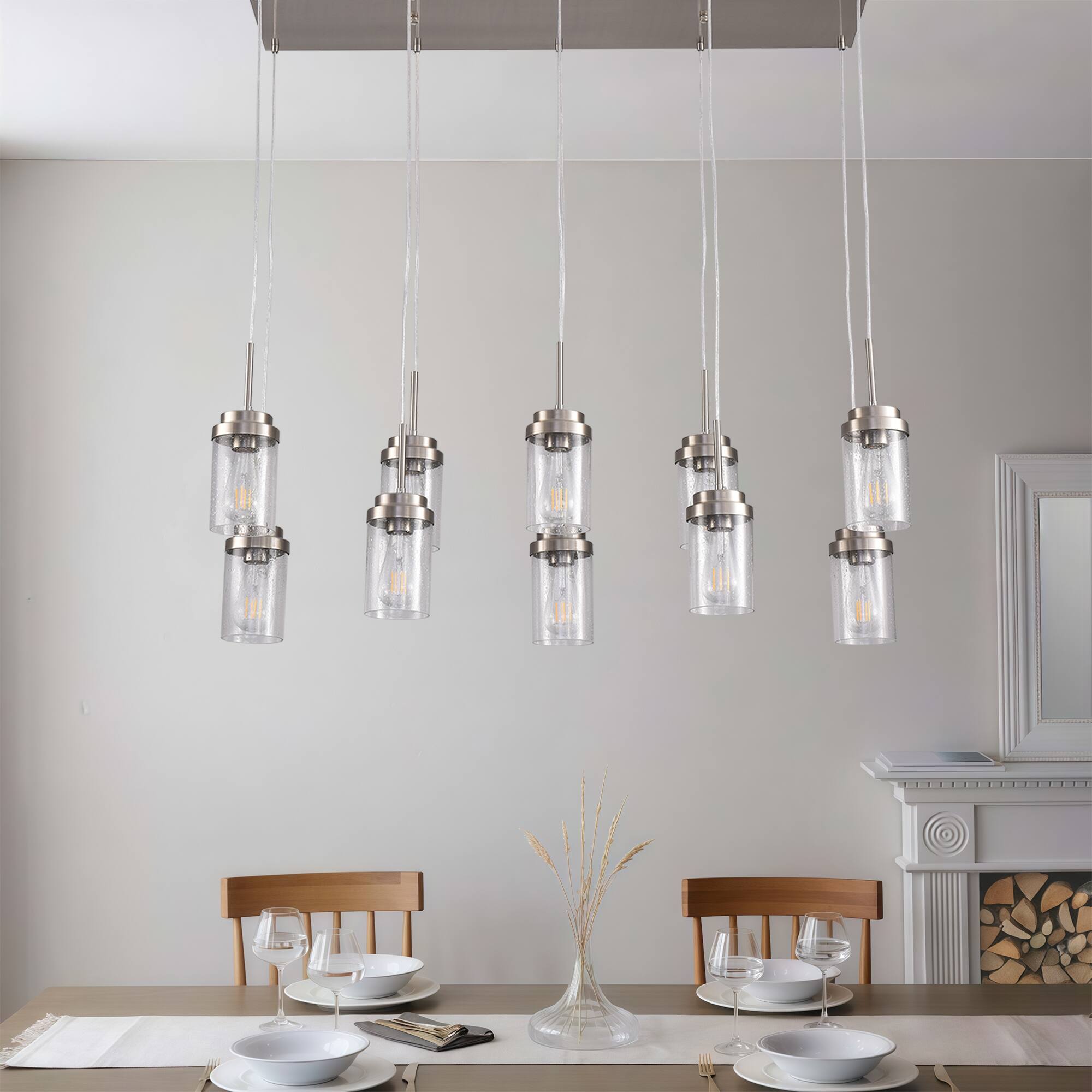 Angle. RYHNUYNE - 10 Lights Kitchen Island Lighting, Modern Brushed Nickel Linear Chandelier, Dining Room Light Fixture for Kitchen Bar - Brushed Nickel.