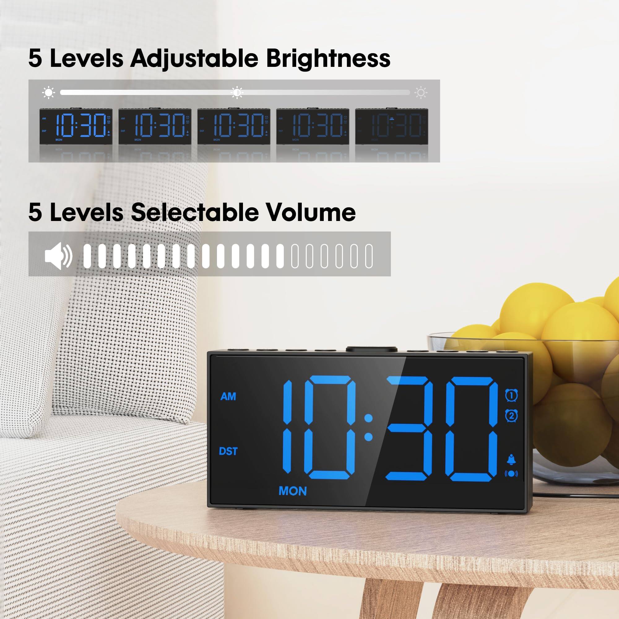 5 Levels Adjustable Brightness  
10:30 10:30 10:30 10:30 10:30  

5 Levels Selectable Volume  

AM 1 2 DST  
10:30 MON