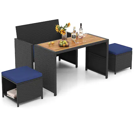 Front. Costway - Costway 4 PCS Outdoor Dining Set, Rattan Loveseat Chair & 2 Ottomans - Blue.