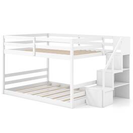 Pefilos - Full Over Full Bunk Bed with Safety Rail and Storage Stairs, Space-saving Solid Wood Bed Frame - White