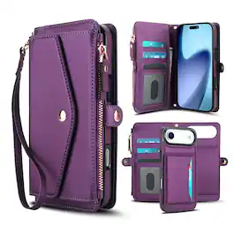 Dteck - Crossbody RFID Blocking Zipper Wallet Card For iPhone Air (2025) Handbag Magnetic Kickstand Wrist Strap Case - Purple