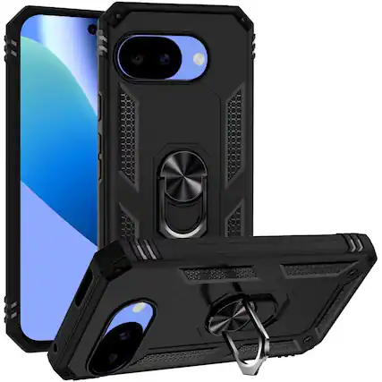 Front. Kitcheniva - Metal Ring Kickstand Phone Cover With Tempered Glass For Google Pixel 10a Case Black - Black.