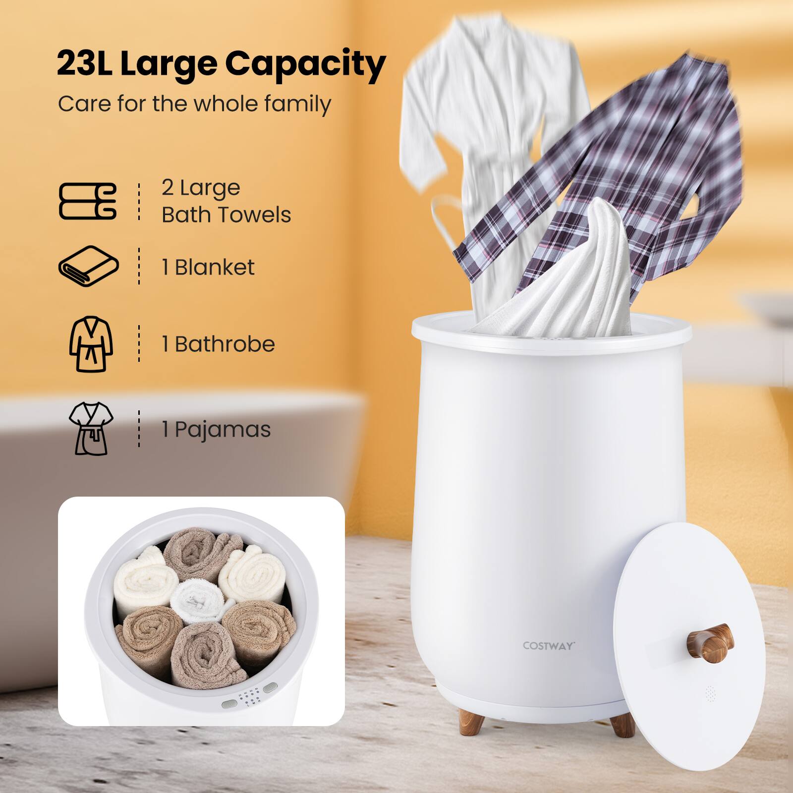 23L Large Capacity Care for the whole family: 2 Large Bath Towels, 1 Blanket, 1 Bathrobe, 1 Pajamas.
