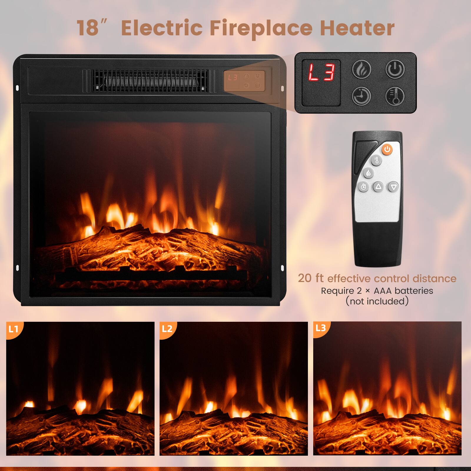 18" Electric Fireplace Heater

20 ft effective control distance
Require 2 x AAA batteries (not included)

L1
L2
L3