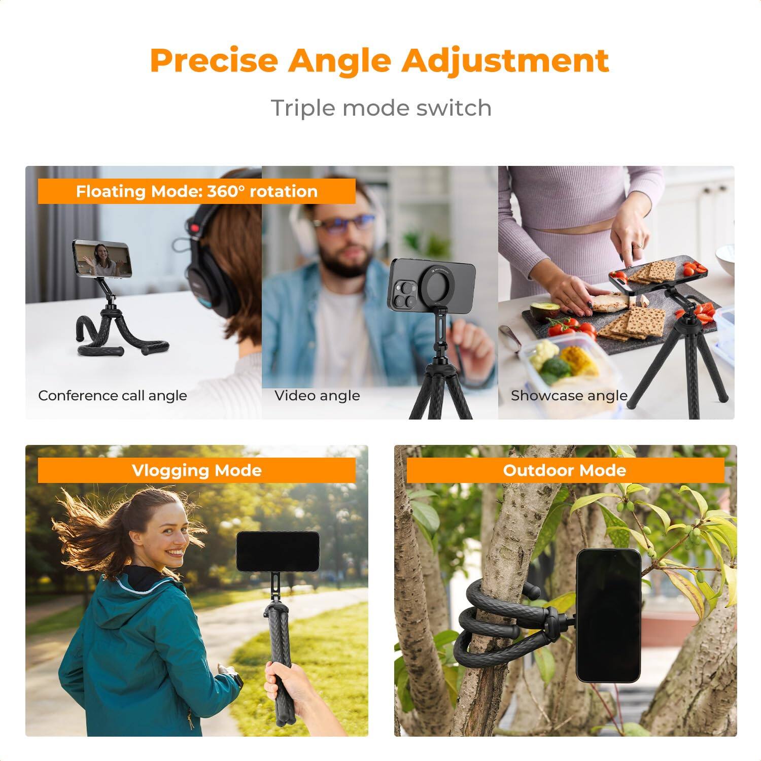Precise Angle Adjustment  
Triple mode switch  

Floating Mode: 360° rotation  
Conference call angle  
Video angle  
Showcase angle  

Vlogging Mode  

Outdoor Mode