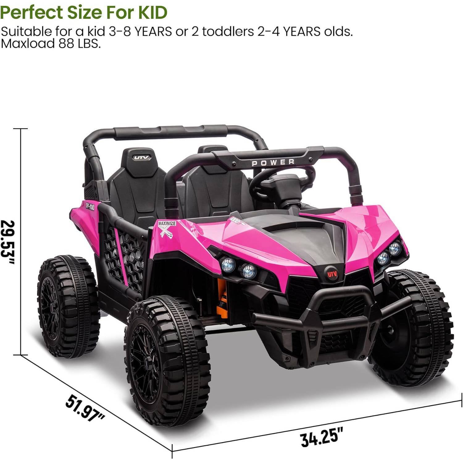 Perfect Size For KID  
Suitable for a kid 3-8 YEARS or 2 toddlers 2-4 YEARS olds.  
Maxload 88 LBS.  

UTV POWER  
29.53"  
51.97"  
34.25"