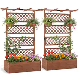 Gymax - 2PCS Wooden Planter Box w/Lattice Trellis Flat Roof Drainage for Climbing Plant - Brown