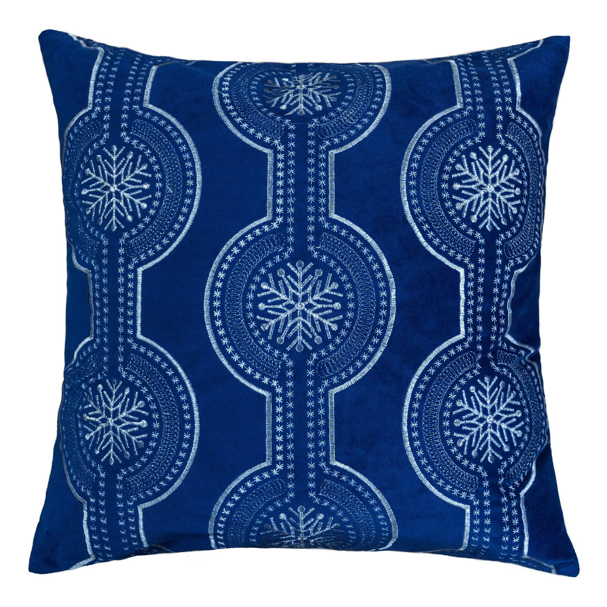 Front. TinyHomie - Holiday Blue Velvet Throw Pillow White Snowflake Embroidery 20x20 - Blue.