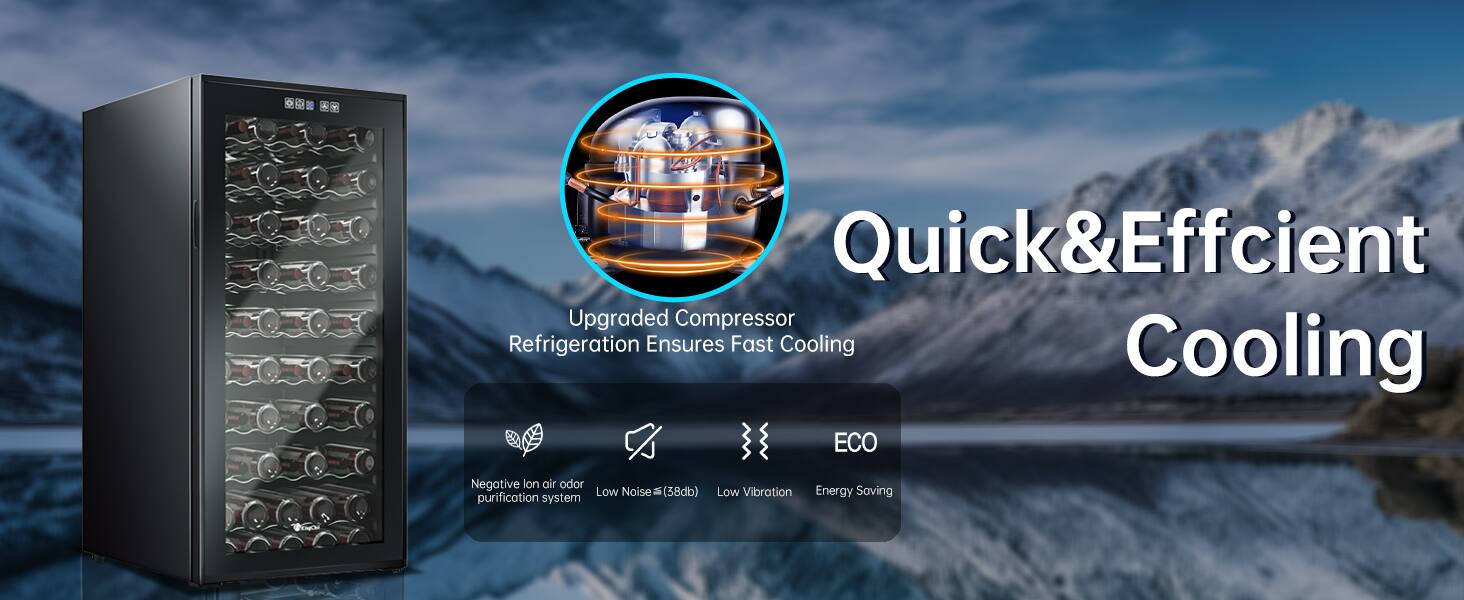 2. Quick & Efficient Upgraded Compressor Refrigeration Ensures Fast Cooling  
- ECO  
- Negative Ion Air Odor Purification System  
- Low Noise (38dB)  
- Low Vibration  
- Energy Saving