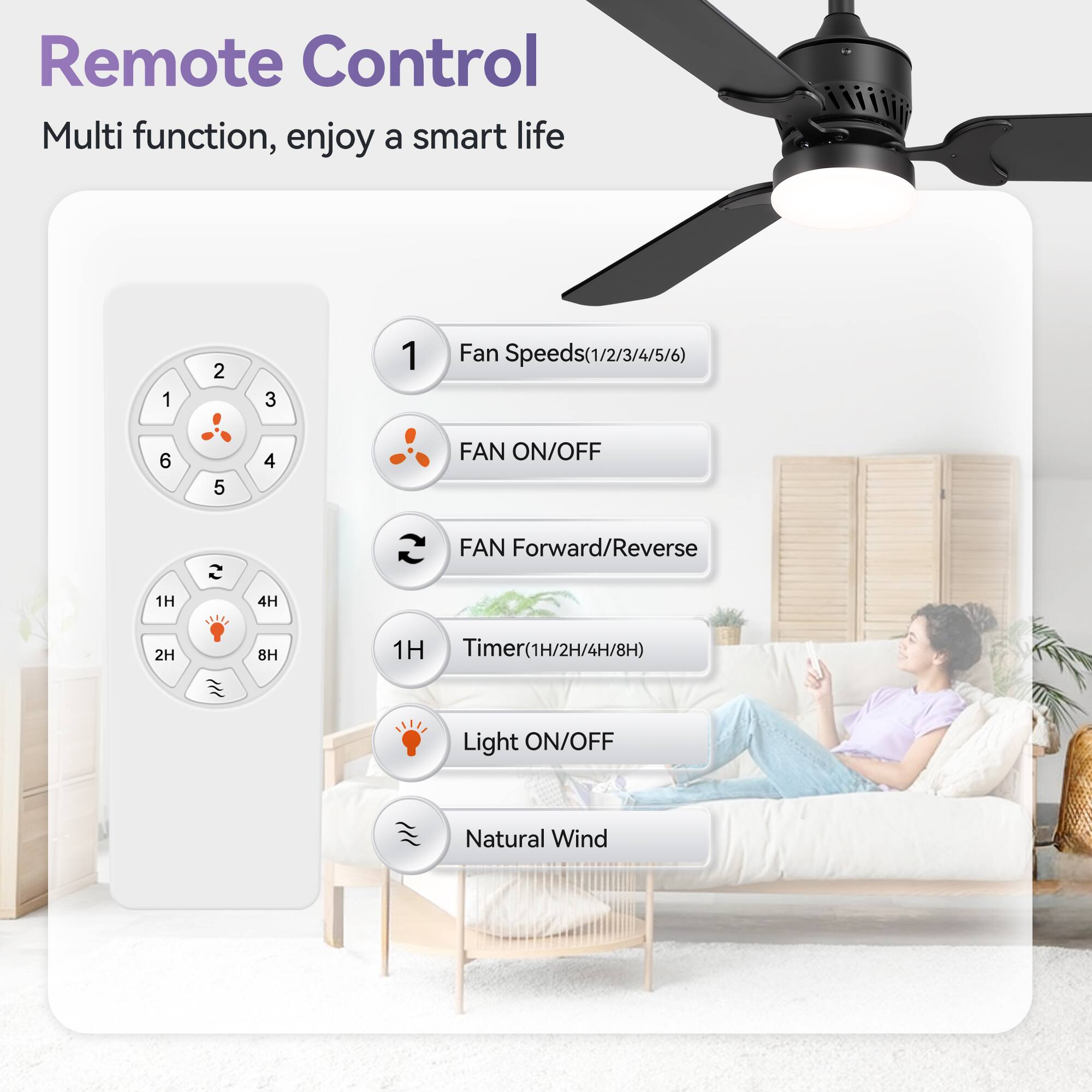 Remote Control
Multi function, enjoy a smart life
1 2 3 1 Fan Speeds(1/2/3/4/5/6)
6 5 4 FAN ON/OFF
FAN Forward/Reverse
1H 4H 2H 8H 1H Timer(1H/2H/4H/8H)
Light ON/OFF
Natural Wind