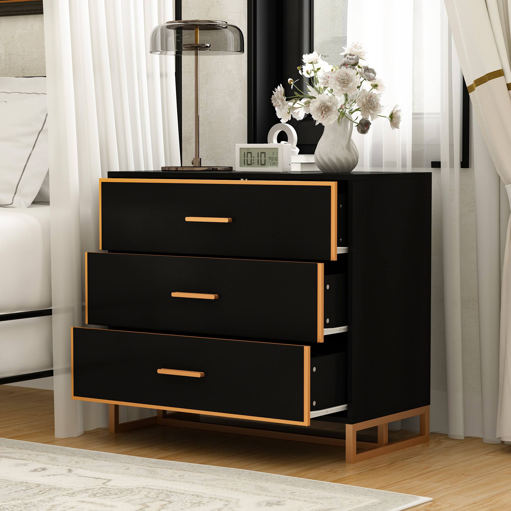 Alt View 9. Famapy - Famapy Modern Nightstand with Gold Accents: 3 - Drawer Storage for Bedroom & Living Space - Black.