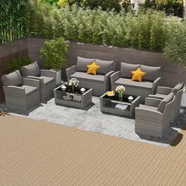Costway - 8 PCS Patio Furniture Set with 4 Rattan Chairs Loveseat Coffee Table Cushions - Gray
