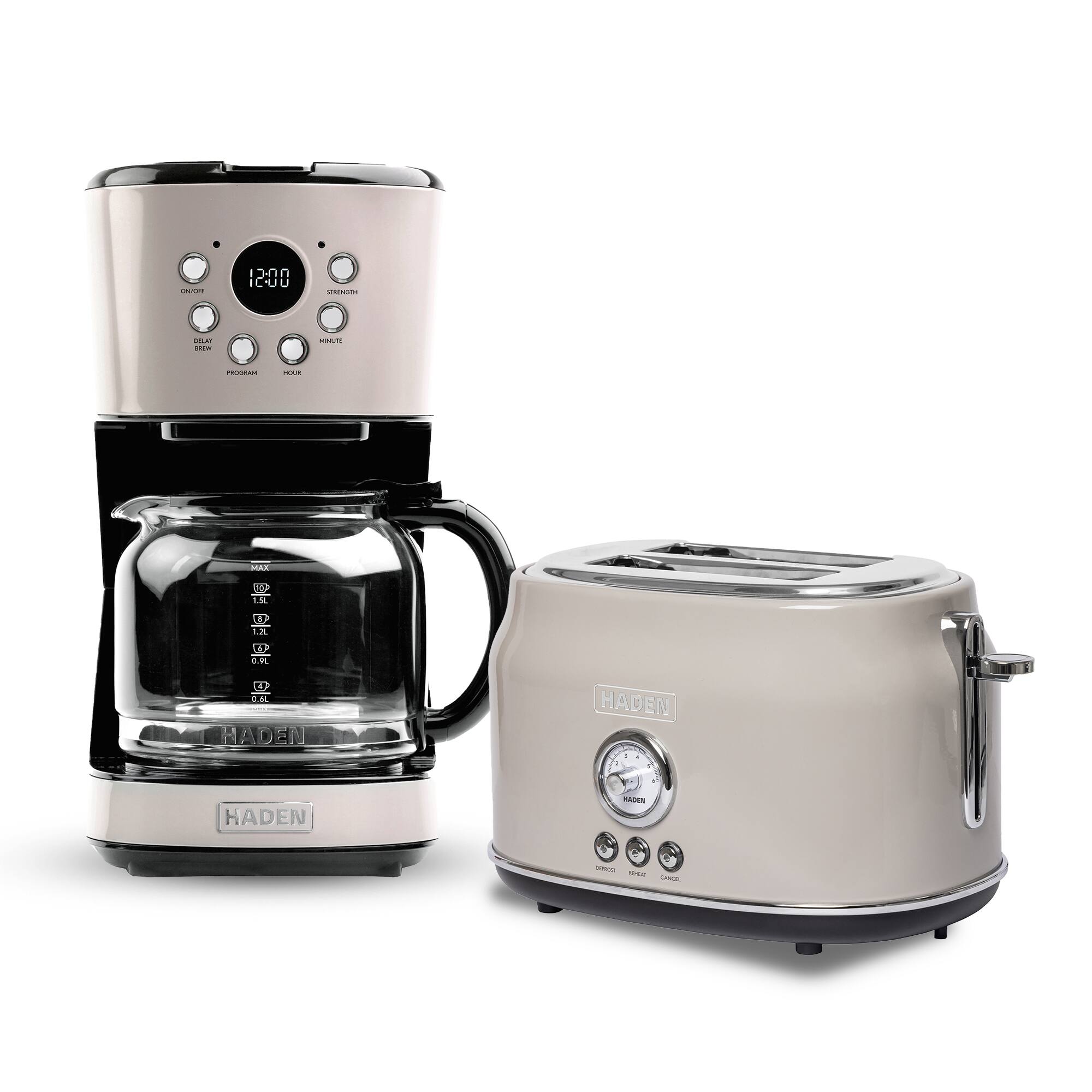 Haden - 12 Cup Coffee Maker & Dorset 2 Slice Wide Slot Toaster, Putty & Chrome - Beige