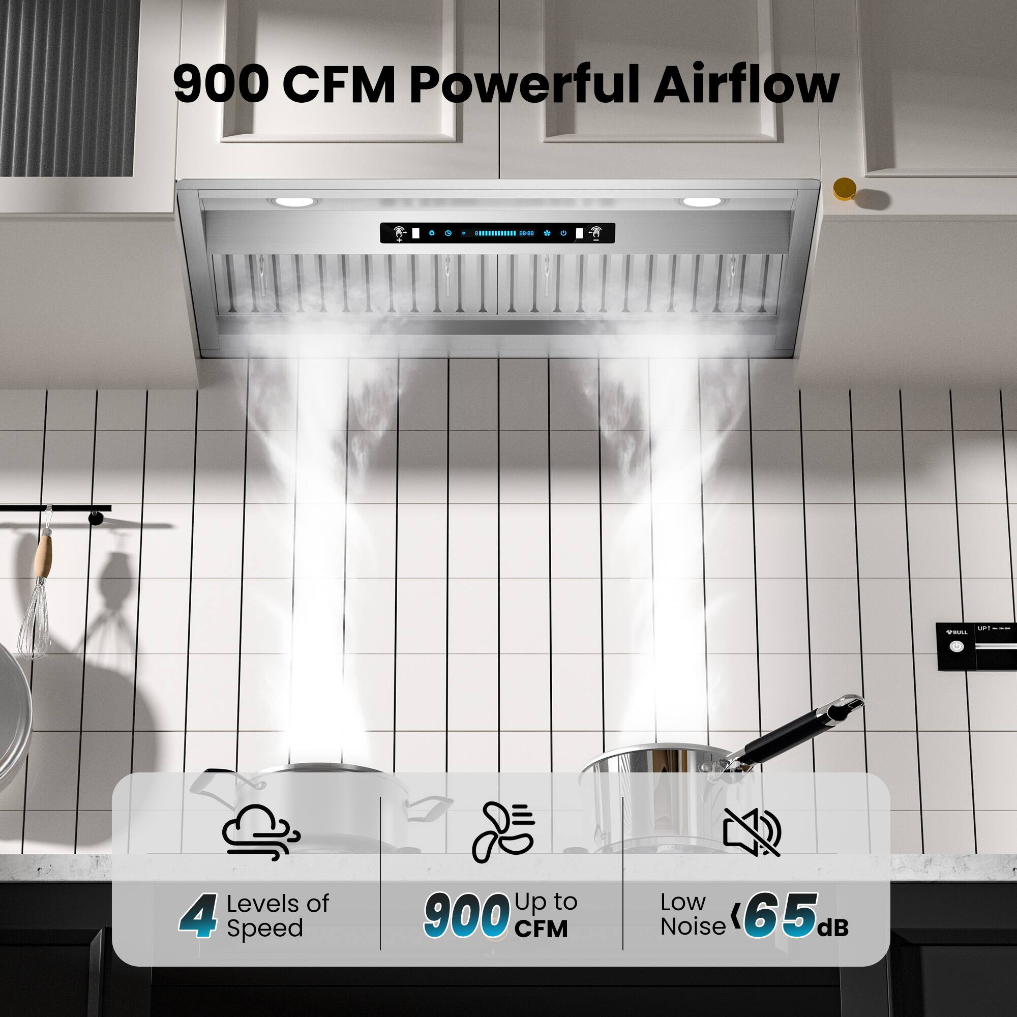900 CFM Powerful Airflow

- 4 Levels of Speed
- Up to 900 CFM
- Low Noise 65 dB