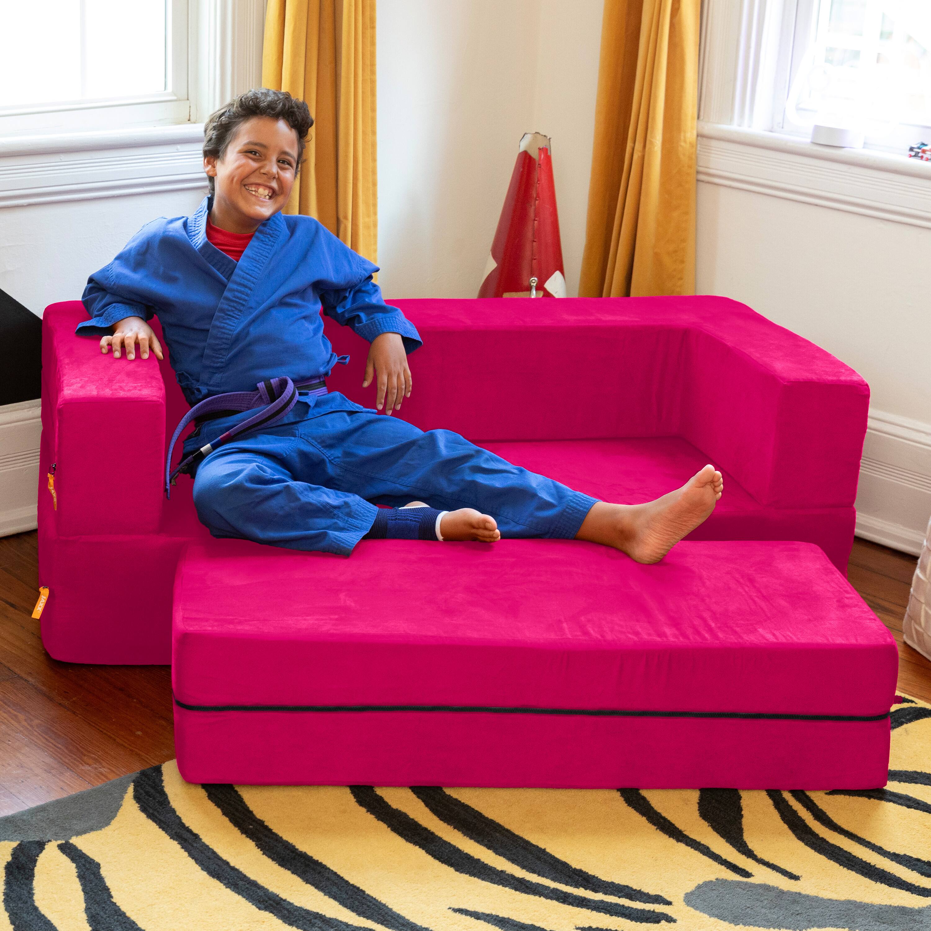 Alt View 1. Jaxx - Jaxx Zipline Kids Sofa & Large Ottoman, 3 in 1 Fold Out Sofa, Big Kids Edition, Fuchsia - Fuchsia.