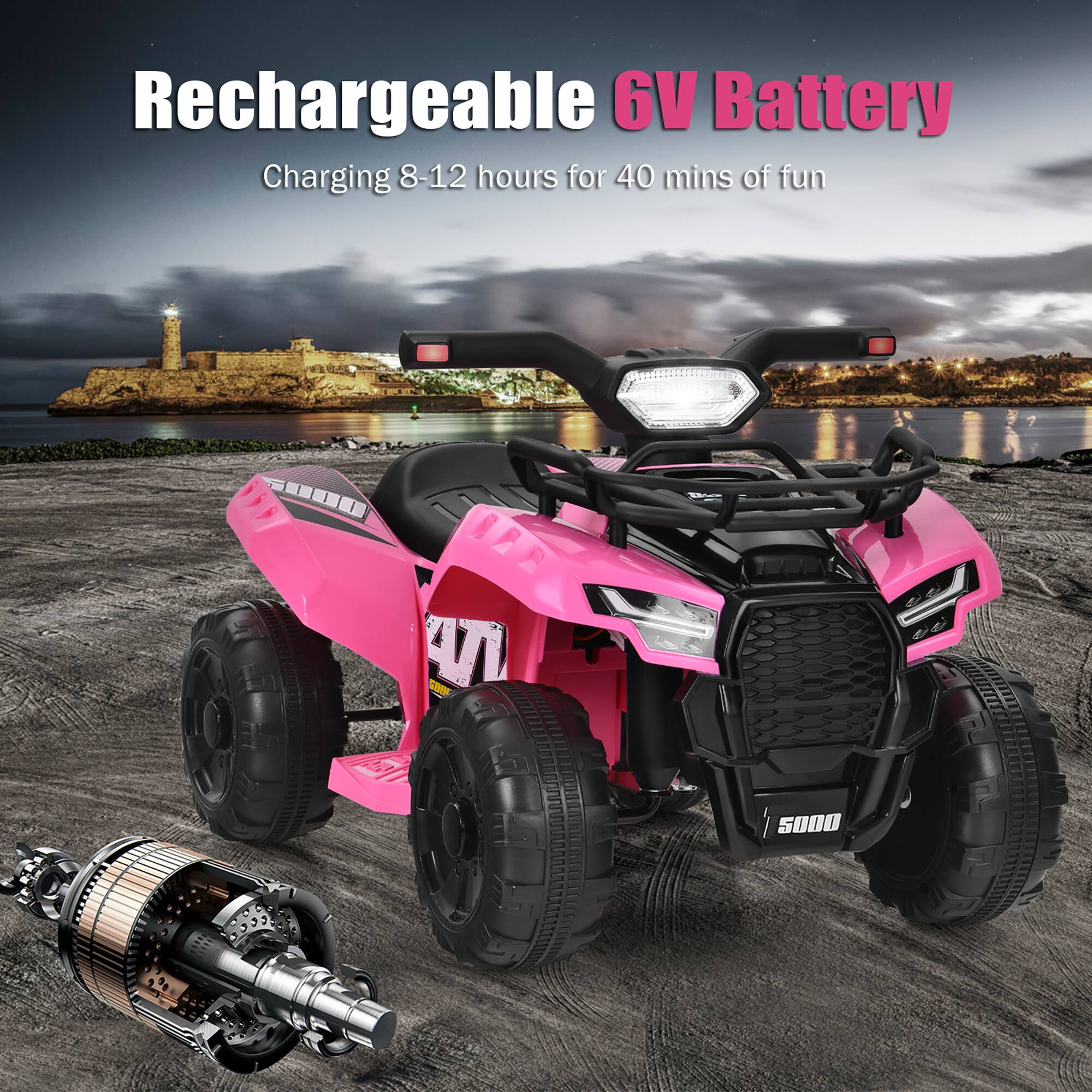 Rechargeable 6V Battery  
Charging 8-12 hours for 40 mins of fun