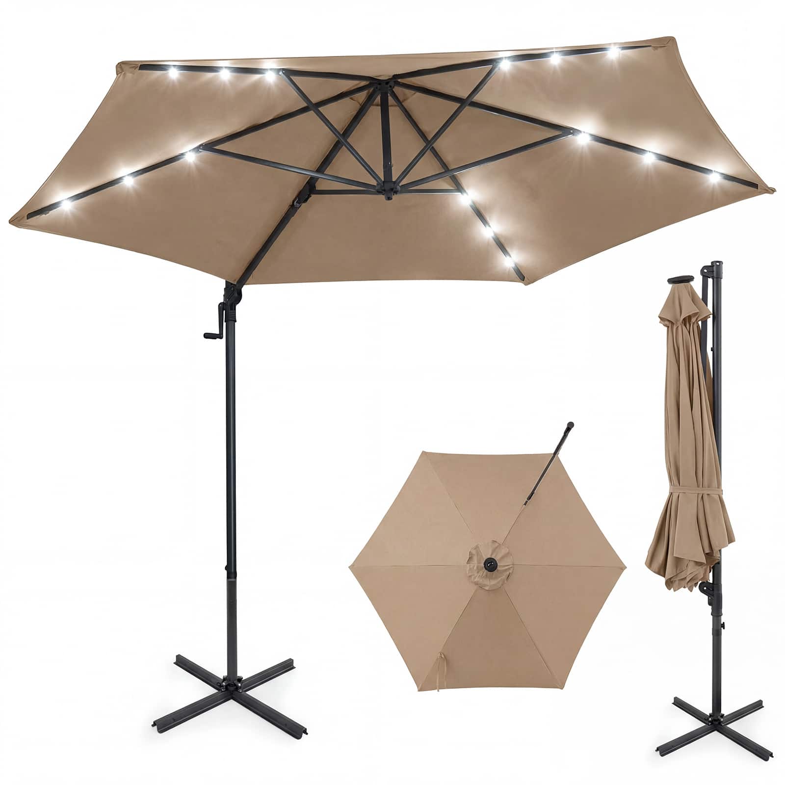 Costway - 10 FT Patio Cantilever Umbrella Large Offset Hanging Umbrella with Solar LED Lights - Brown