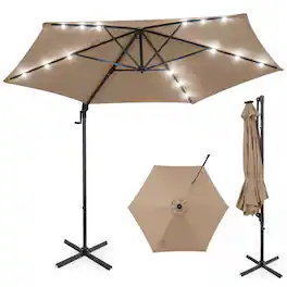 Costway - 10 FT Patio Cantilever Umbrella Large Offset Hanging Umbrella with Solar LED Lights - Brown