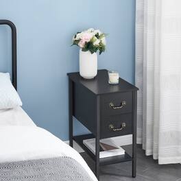 Vecelo - Industrial Nightstand with 2 Drawers-Narrow End Table with Metal Frame, 11.8" Thin Side Table for Small Spaces - Black