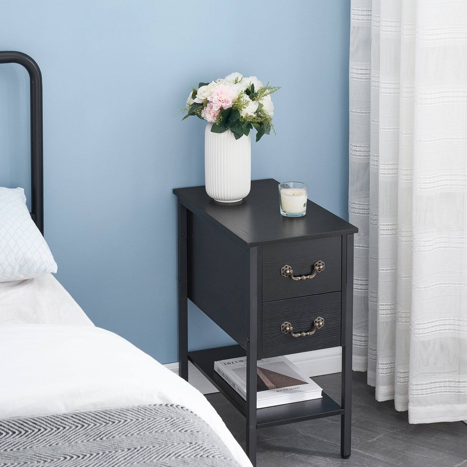 Front. Vecelo - Industrial Nightstand with 2 Drawers-Narrow End Table with Metal Frame, 11.8" Thin Side Table for Small Spaces - Black.