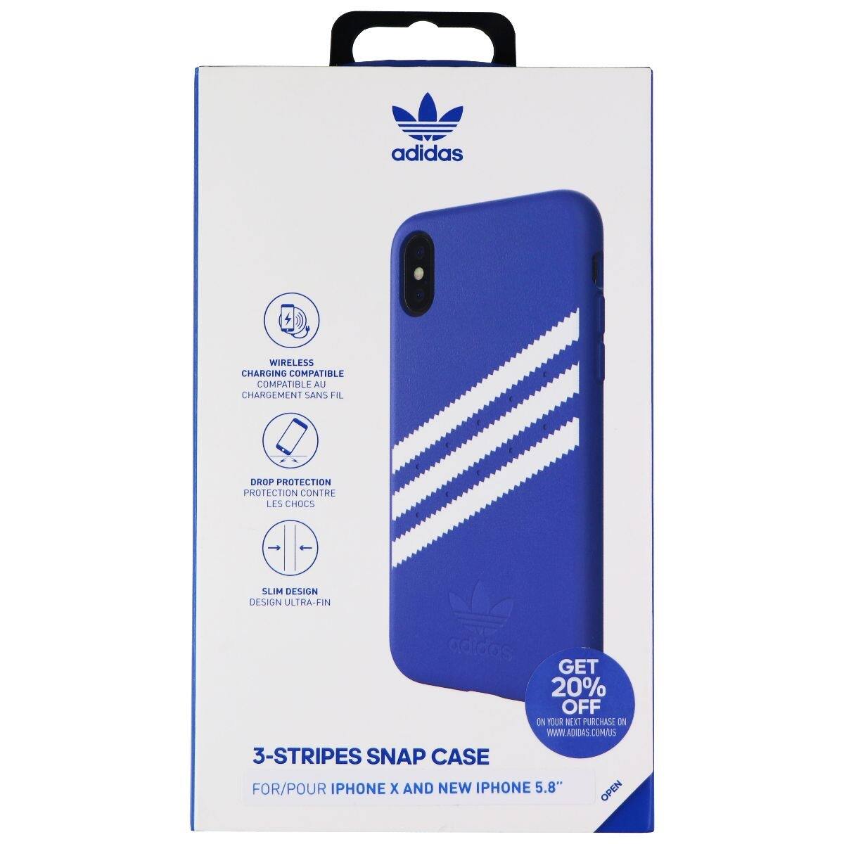 adidas WIRELESS CHARGING COMPATIBLE COMPATIBLE AU CHARGEMENT SANS FIL DROP PROTECTION PROTECTION CONTRE LES CHOCS SLIM DESIGN DESIGN ULTRA-FIN adidas GET 20% OFF ON YOUR NEXT PURCHASE ON WWW.ADIDAS.COMUS 3-STRIPES SNAP CASE FOR/POUR IPHONE X AND NEW IPHONE 5.8" OPEN