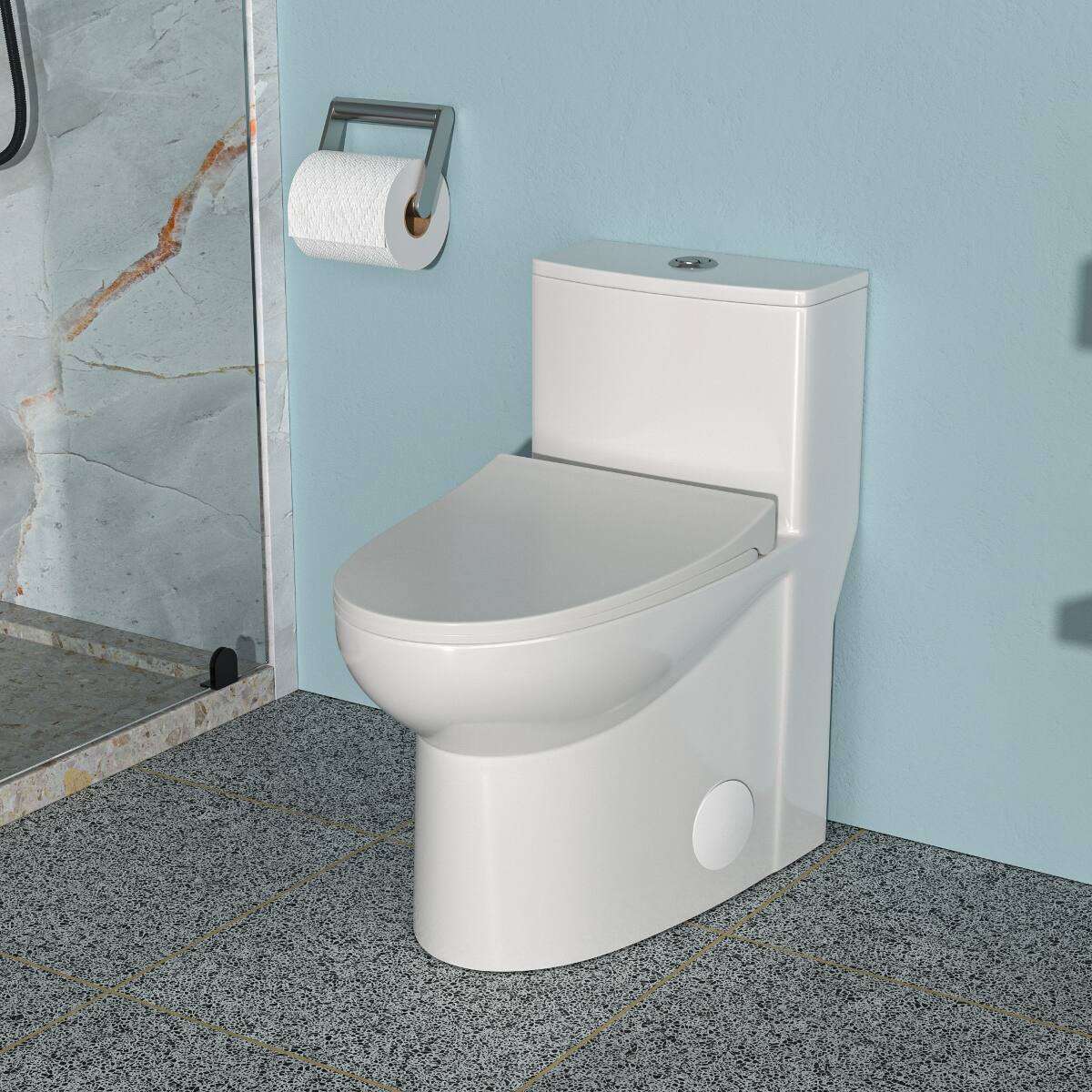 Front. Loheer - Loheer White Ceramic One-Piece Toilet, Dual Flush, Elongated Bowl, Twelve-Inch Rough-In - White.