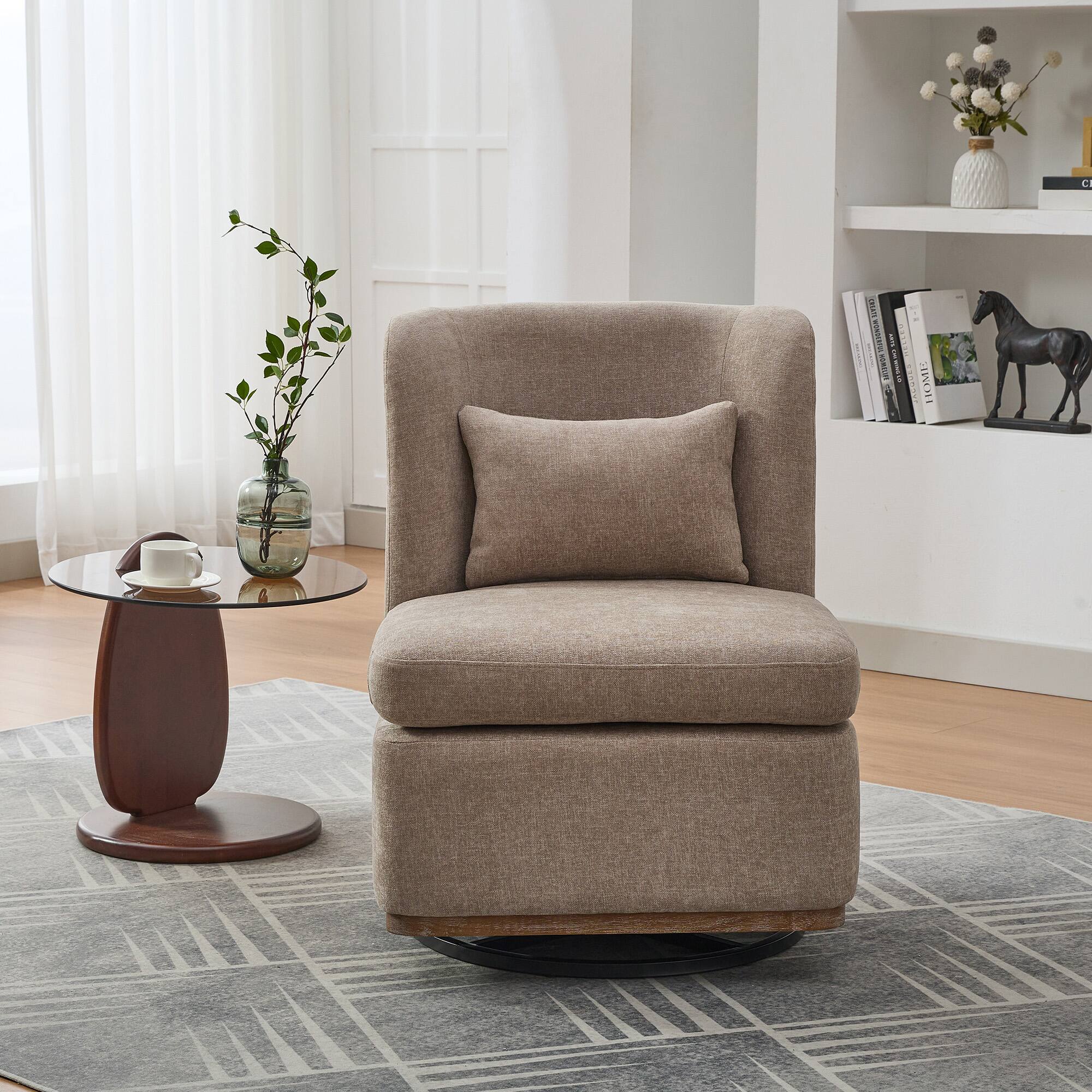 Angle. TinyHomie - 25 Inch Taupe 360 Swivel Armless Metal Base Chenille Cushioned Chair with Pillow - brown.