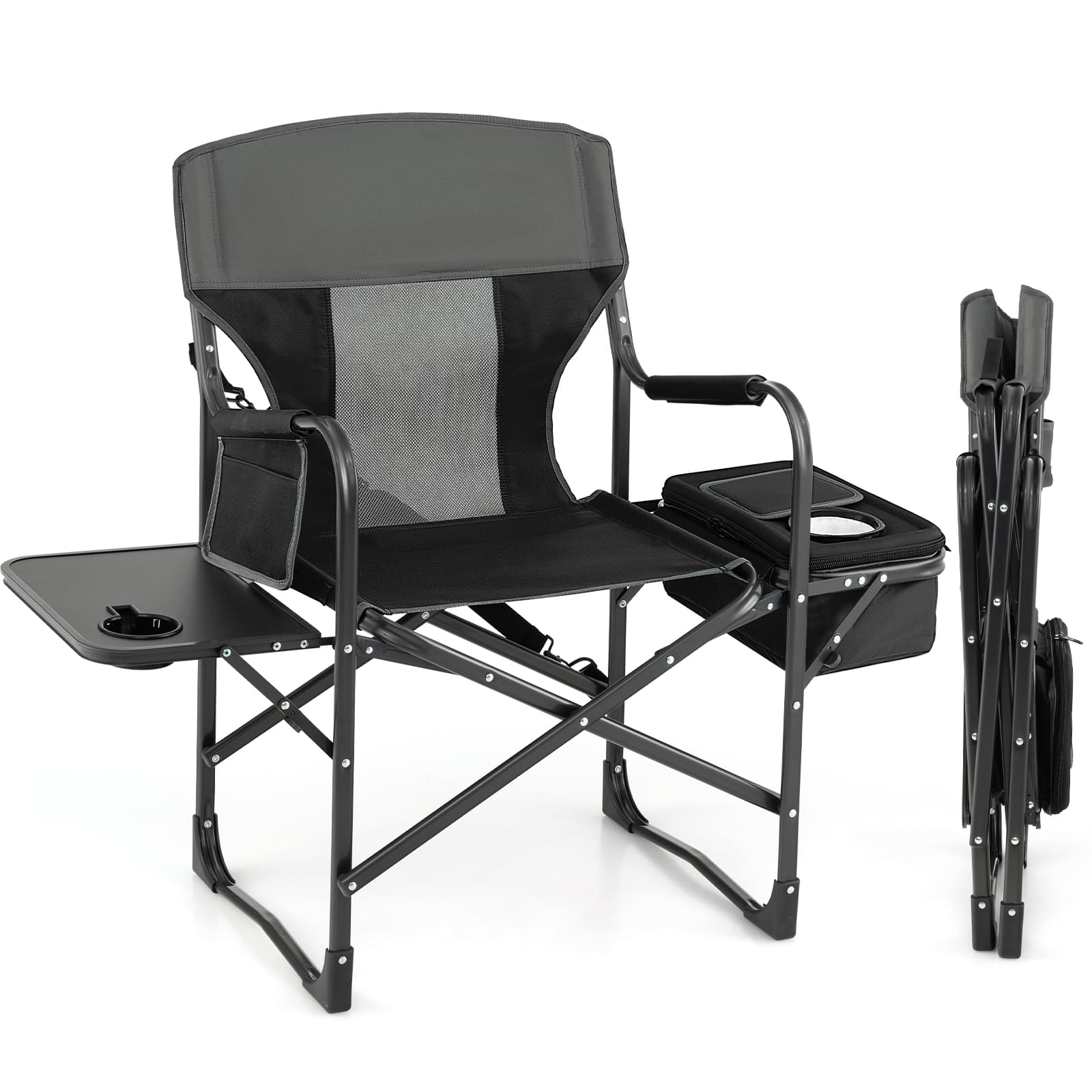 Front. Costway - Folding Camping Directors Chair Portable with Cooler Bag & Side Table Black - Black.