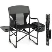 Costway - Folding Camping Directors Chair Portable with Cooler Bag & Side Table - Black - Front_Zoom