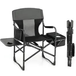 Costway - Folding Camping Directors Chair Portable with Cooler Bag & Side Table - Black