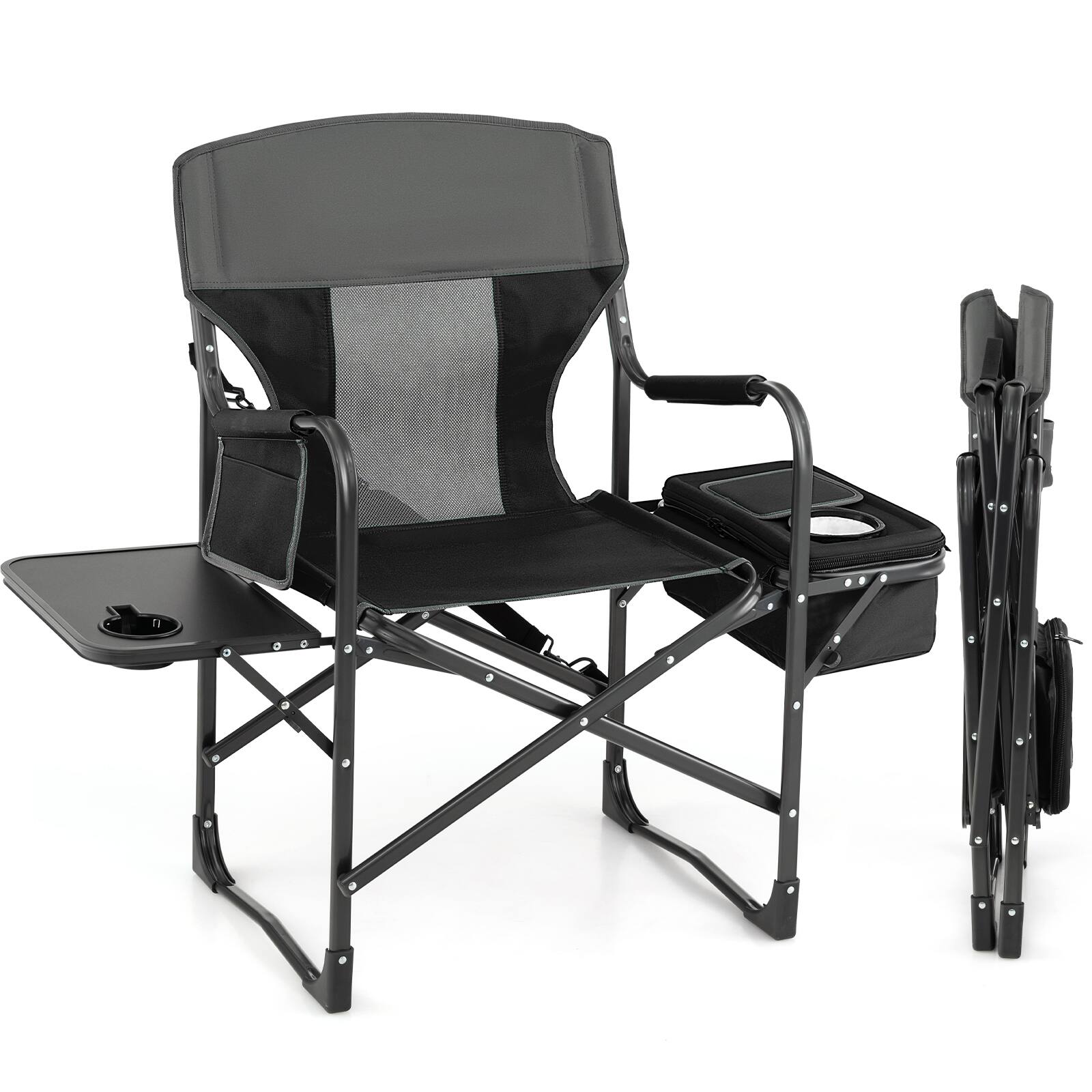 Front. Costway - Folding Camping Directors Chair Portable with Cooler Bag & Side Table Black - Black.