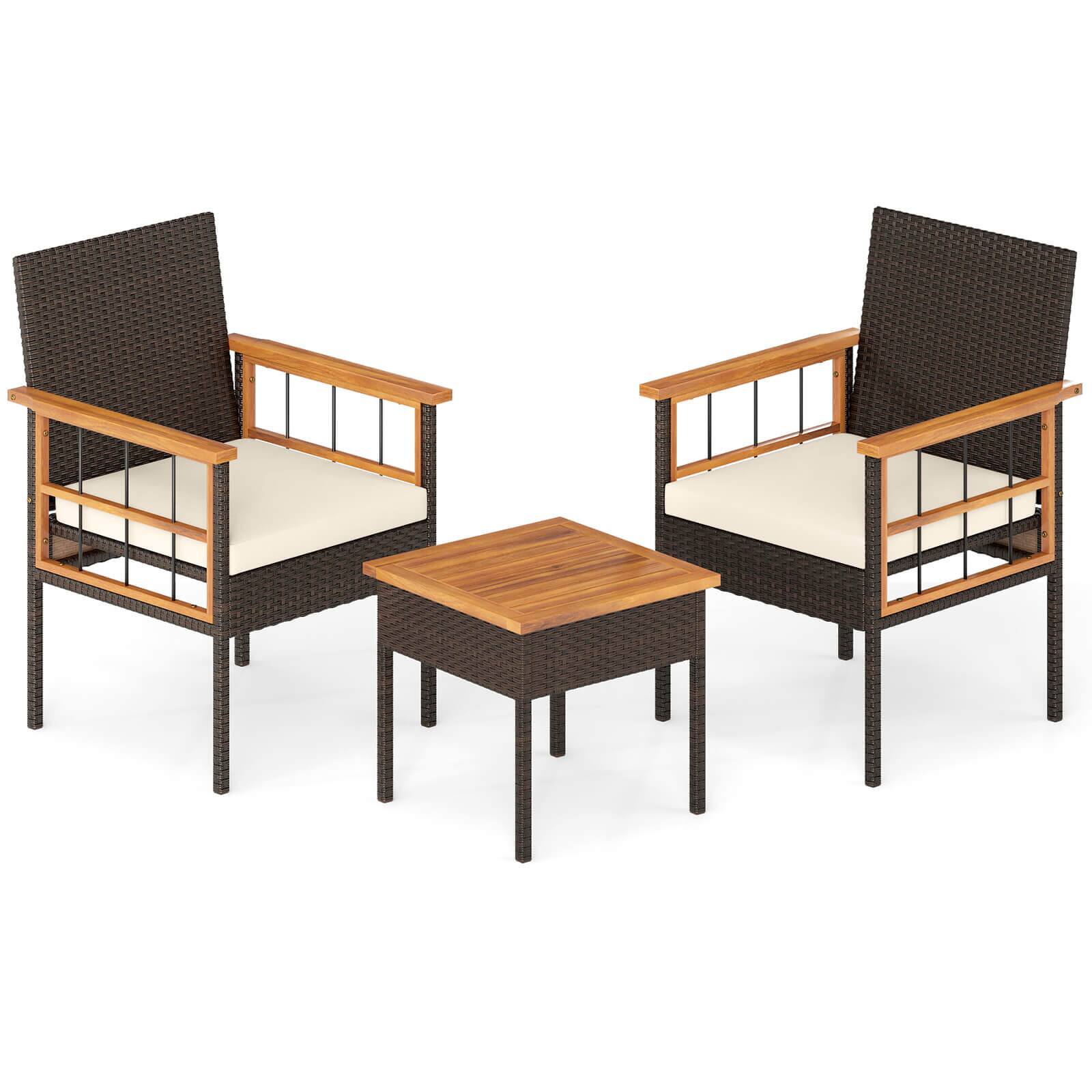 Alt View 9. Costway - Costway 3 PCS Wicker Furniture Set with Acacia Wood Tabletop Armrests Cushions for Backyard - Mix Brown+Off-White.