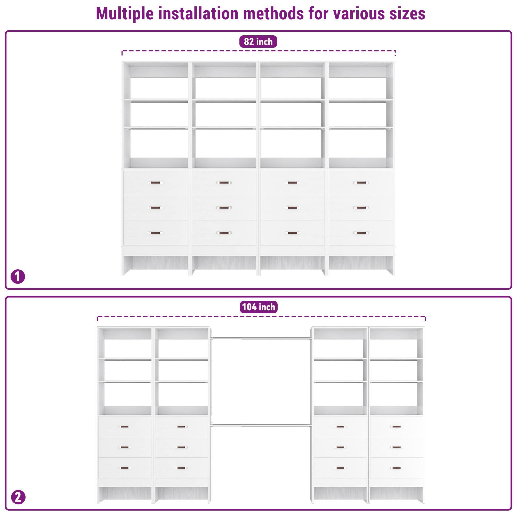 Multiple installation methods for various sizes

82 inch

1

104 inch

2
